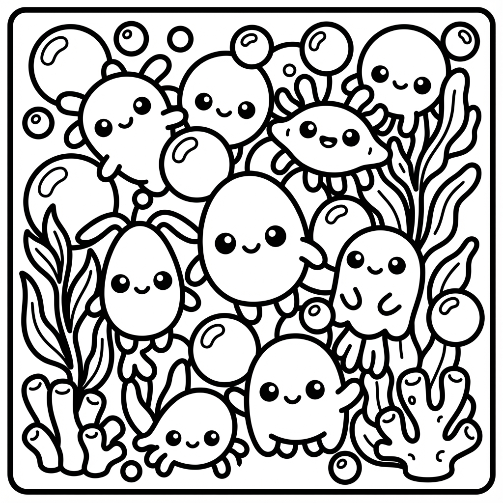 A cluster of cute jellyfish floating amongst bubbles, designed as thick line coloring pages and wide margin coloring sheets for stress relief.